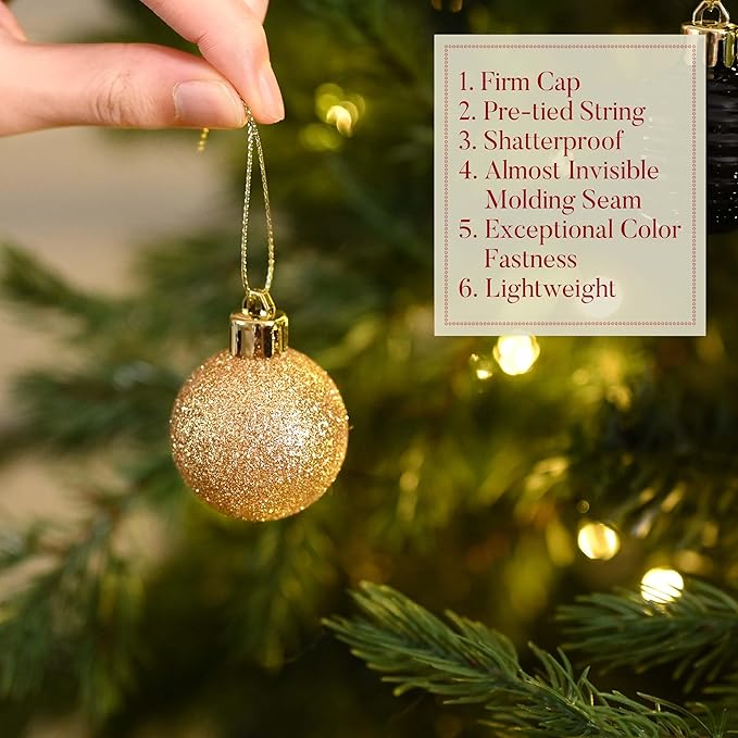 Valery Madelyn 1.57 Inches Small Christmas Tree Decorations Ornament Set for 4th of July Fall Halloween, 24ct Black and Gold Shatterproof Hanging Ball Ornaments Holiday Party Decor