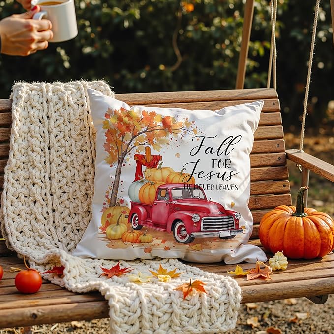 Christian Fall Pillow Covers 18x18, Farmhouse Autumn Decor, Fall for Jesus He Never Leaves Autumn Maple Leaf Pumpkin Pickup Truck Decorative Throw Pillow Covers for Home Bedroom Living Room