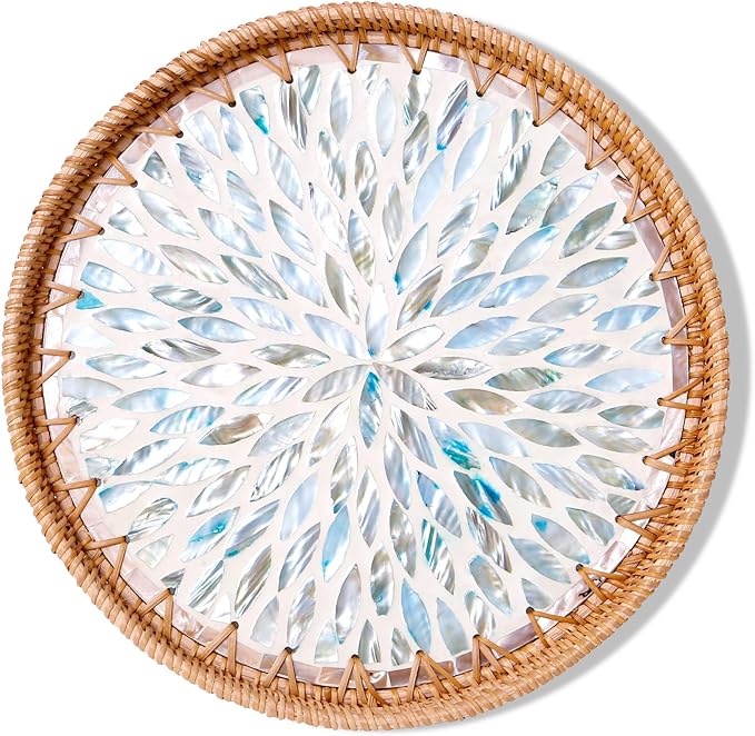 Round Rattan Tray with Mother of Pearl Inlay & Wooden Base - Decorative Wicker Serving Tray for Coffee/Bread/Fruits, Food Storage & Display - Multipurpose Home Decor (L,Colorful Leaves)
