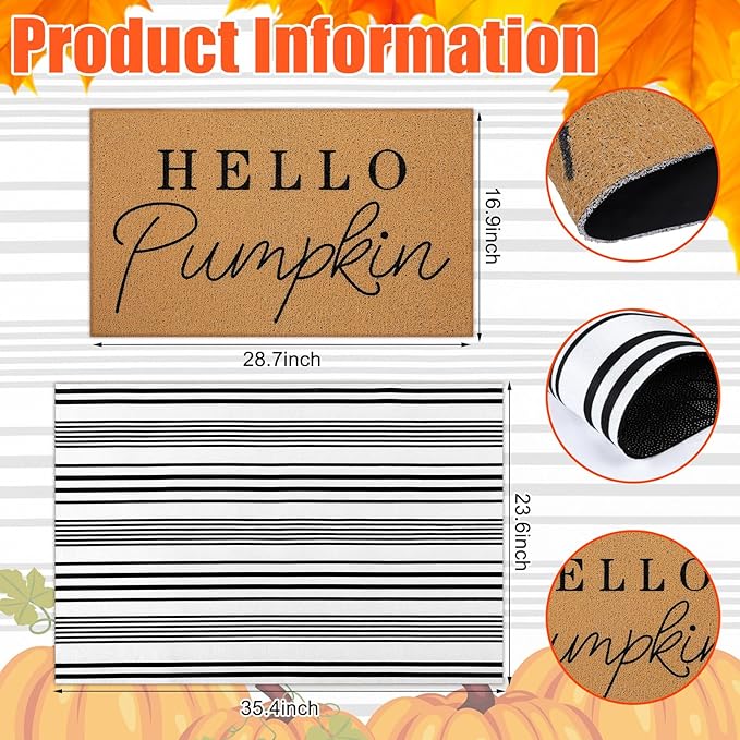 2 Pcs Fall Door Mat Hello Pumpkin Welcome Non Slip Coir Mats Thanksgiving Black White Stripe Harvest Floor Layering Doormats Seasonal for Front Porch Entryway Decor(Hello Pumpkin)