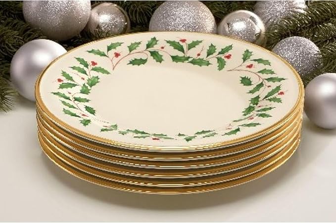 Lenox Holiday 6-Piece Dinner Plates Dinnerware Set, Service For 6, Porcelain, Dishwasher Safe, Round Plates Set, Holiday Red & Green, Perfect for Gatherings, Christmas Dinnerware (Ivory, 6 Piece)