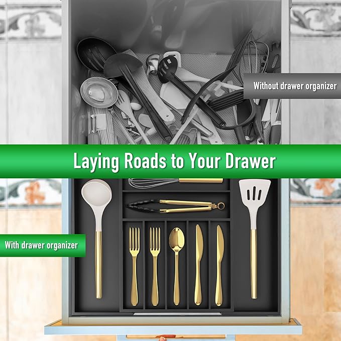 Expandable Utensil Organizer Silverware Organizer for Kitchen Adjustable Utensils Holder Bamboo Large Flatware Silverware Cutlery in Drawer (9 slot, Black