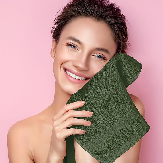 GLAMBURG Ultra Soft 12-Piece Washcloths Set 13x13-100% Ringspun Cotton - Durable & Highly Absorbent Face Towels - Ideal for use in Bathroom, Kitchen, Gym, Spa & General Cleaning - Olive Green