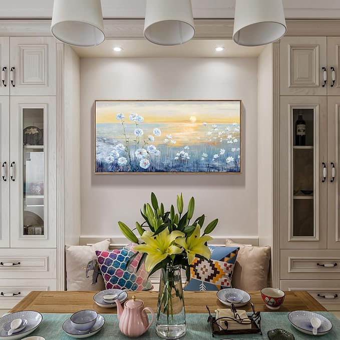 Framed Wall Art for Living Room Blue Ocean Beach Sunset Seascape Painting Abstract Coastal Flowers Canvas Print Seaside White Wildflowers Picture Sunrise Yellow Orange Sky Nature Landscape 24x48inch