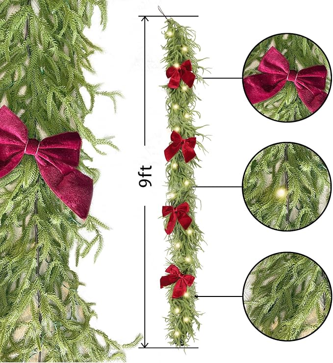 9ft Christmas Garland with Lights,Lighted Norfolk Pine Garland for Mantle,Prelit Real Touch Artificial Green Christmas Winter Garland with Large Burgundy Velvet Bow for Indoor Outdoor Decor