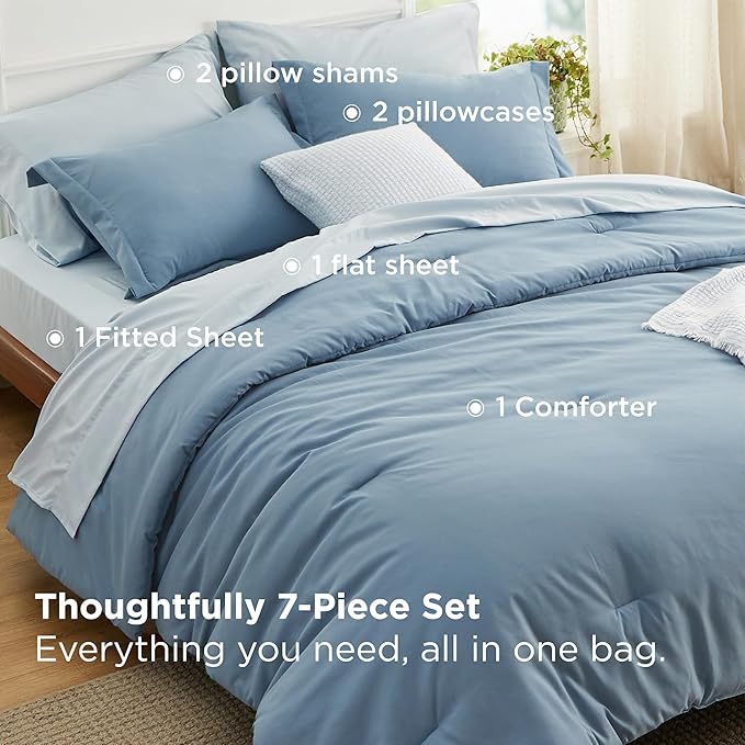 Bedsure Queen Comforter Set - 7 Pieces Grayish Blue Queen Bedding Set for All Seasons, Boho Contrasting Design Bed in a Bag with Comforter, Sheets, Pillowcases & Shams