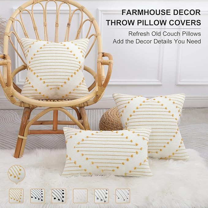 Mecatny Boho Outdoor Throw Pillow Covers 18X18 Set of 2, Farmhouse Decorative Pillow Covers for Couch Sofa Living Room, Yellow & White