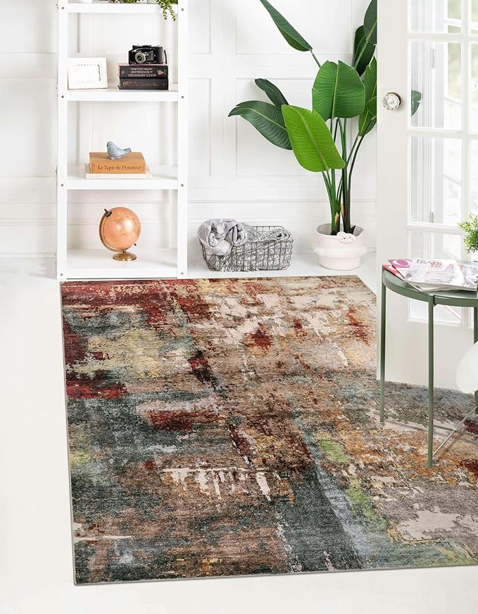Lahome Modern Abstract 5x7 Area Rugs for Living Room, Washable Bedroom Rug Soft Non Slip Low Pile, Faux Wool Contemporary Carpet for Indoor Floor Decor Home Office Dining Room,Red/Multi