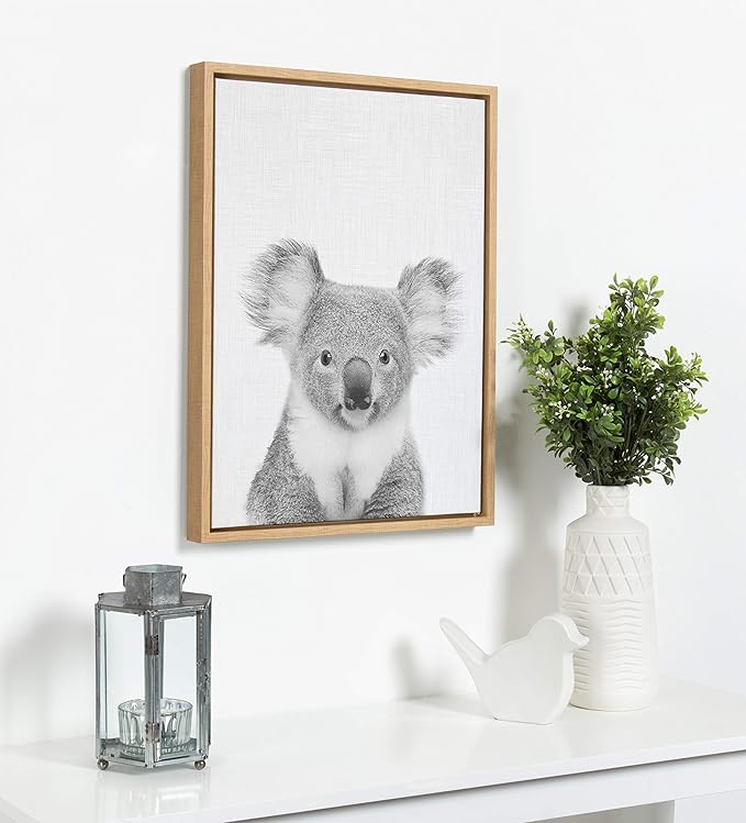 Kate and Laurel Sylvie Koala Bear Black and White Portrait Framed Canvas Wall Art by Simon Te Tai, 18x24 Natural