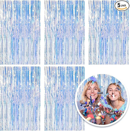5 Pack Foil Curtain Backdrop Iridescent Metallic Tinsel Foil Fringe Curtains Photo Booth Props for Birthday Wedding Engagement Baby Shower Bachelorette Christmas Holiday Celebration Party Decorations