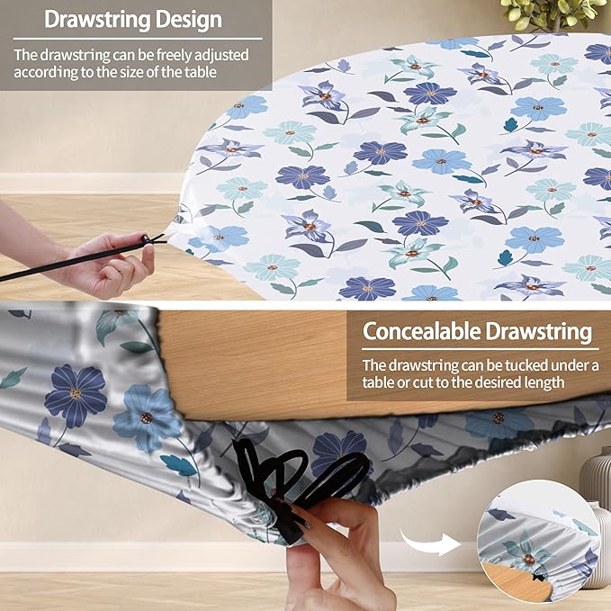 Round Tablecloth Waterproof Fitted Table Cloth Summer Fall Outdoor Circle Cover for 36-44" Tables Dining Kitchen Apartment Set Long Trips Car Travel Essentials Kids Party Decor Gifts