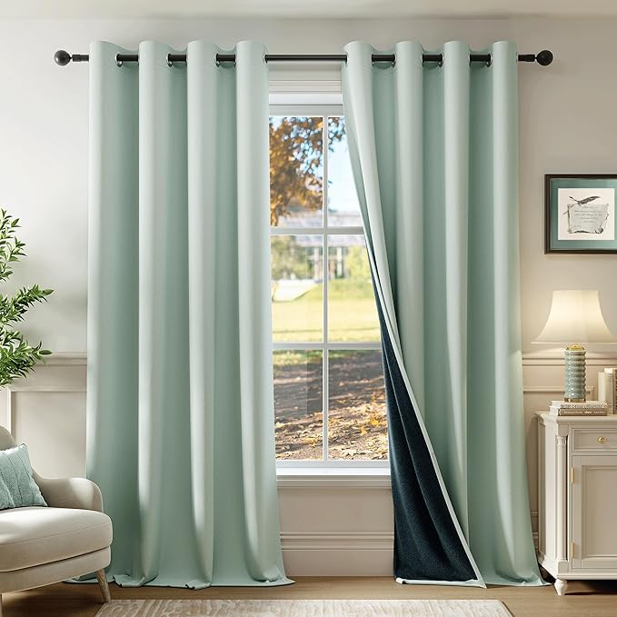 Beauoop 100% Blackout Curtains 84 Inch Long 2 Panels for Bedroom Living Room Seafoam Green Solid Room Darkening Thermal Insulated Soundproof Energy Saving Grommet Top Window Treatment Drapes,52x84