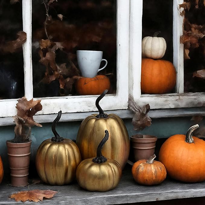 Janinka 3 Pcs Fall Antique Gold Pumpkin Decor Vintage Retro Fake Pumpkin Figurines Fall Thanksgiving Pumpkins for Home Decor Farmhouse Harvest Halloween Table Centerpiece