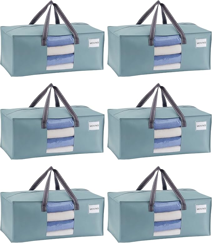 VENO 6 Pack Moving Bags for College, Heavy-Duty Storage Totes, Moving Boxes and Wardrobe Packing Supplies Alternative - Extra Large Durable Laundry Bags for Clothes (Light Blue Matte, 6 Pack)