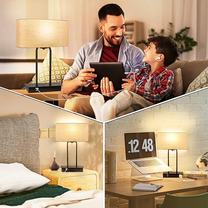 3-Way Dimmable Touch Control Table Lamp with 2 USB Ports and AC Power Outlet Modern Bedside Nightstand Lamp Fabric Shade and Metal Base for Guestroom Bedroom Living Room LED Bulb Included Warm White
