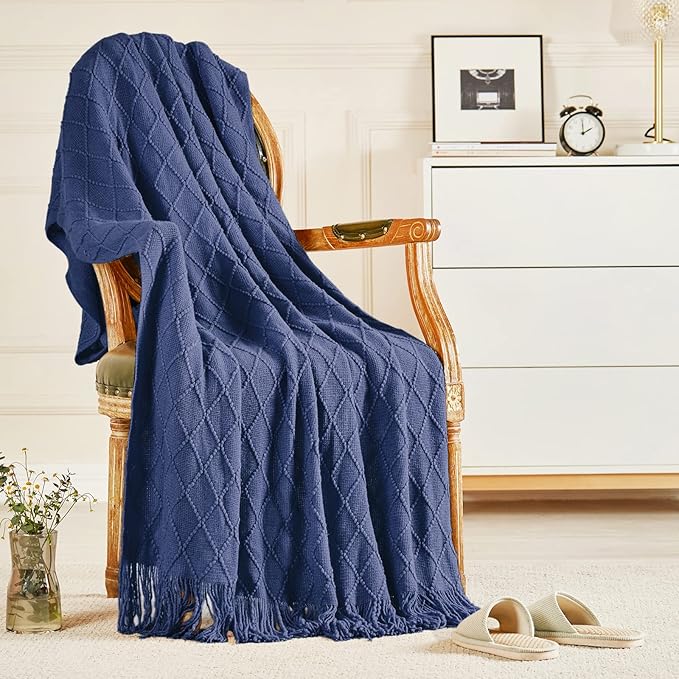 inhand Navy Blue Throw Blanket for Couch and Bed, Soft Living Room Home Decor Knitted Blanket with Tassel, Outdoor Lightweight Breathable Summer Blanket, Farmhouse Warm Woven Decorative, 50"x60"