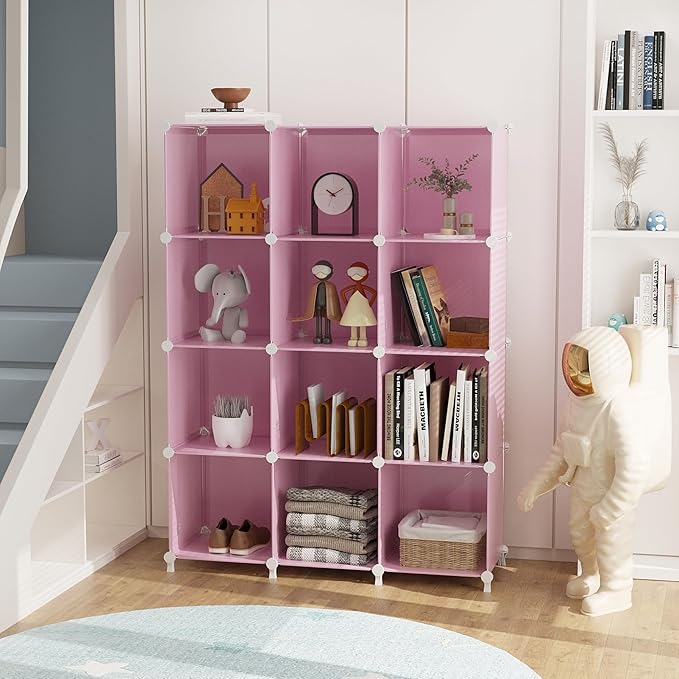 AWTATOS Cube Storage Organizer Protable Closet Organizers and Storage for Kids DIY Stackable 12 Cube Storage Shelves Clothes Organizer for Bedroom, Home, Pink
