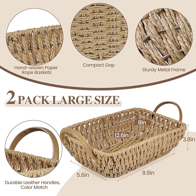 Paper Rope Woven Toilet Paper Basket, Small Wicker Storage Baskets for Organizing with Handles, Bedroom Decor Baskets Toilet Tank Shelf Storage Bins (Set of 2, Natural)