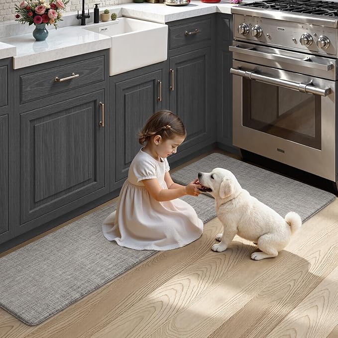 KIMODE Anti Fatigue Kitchen Mat for Floor 17"x47"+17"x29", Farmhouse Kitchen Floor Mats Non Slip, Apricot Textilene Rugs for Kitchen Floor,Memory Foam Standing Mat for Laundry Office Sink Desk