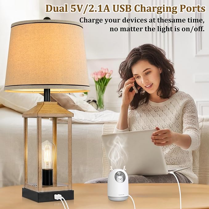 28" Farmhouse Table Lamp with 2 Light, 3-Way Dimmable Vintage Touch Control Nightstand Bedside Wood Lamp with USB Ports for Living Room, Bedroom, Home, Office, 2 Bulbs Included