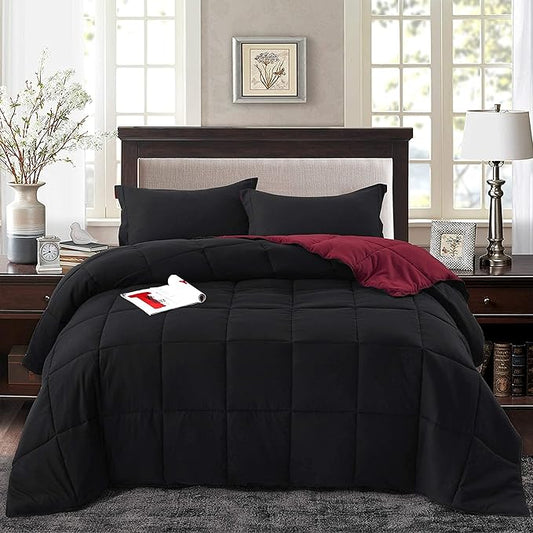 HIG 3pc Down Alternative Comforter Set - All Season Reversible Comforter with Two Shams - Quilted Duvet Insert with Corner Tabs - Box Stitched - Super Soft, Fluffy (Full/Queen, Black)