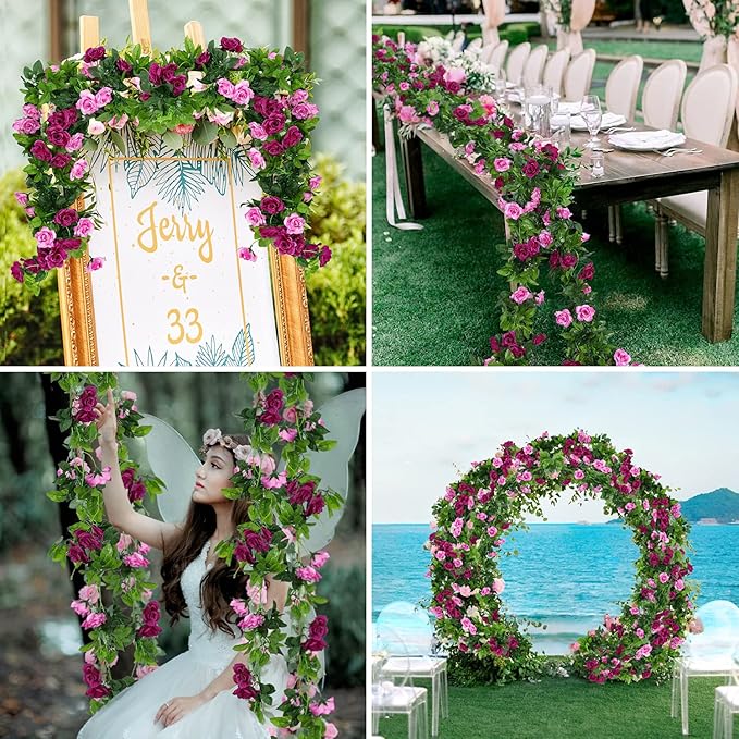 JUSTOYOU 2 Pack (15.8FT) Fake Rose Garland, Artificial Rose Vines Flowers Hanging Silk Rose Vine Wedding Home Backdrop Party Arch Arrangement Decoration