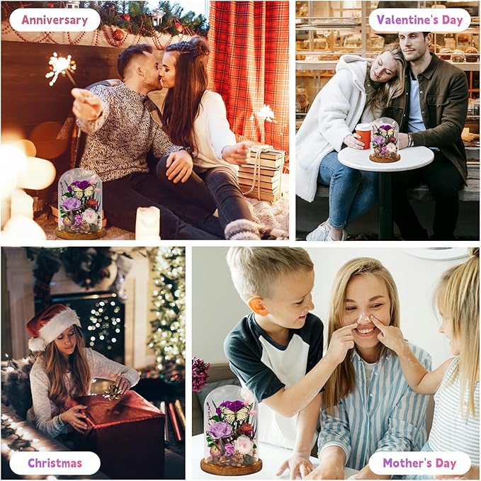 Eternal Flowers with Butterfly: Forever Flowers Gift for Her-Elegant Preserved Flowers in Glass Dome-Romantic Valentines, Anniversary, Mom Gifts for Her-Flowers for Delivery Prime (Purple)