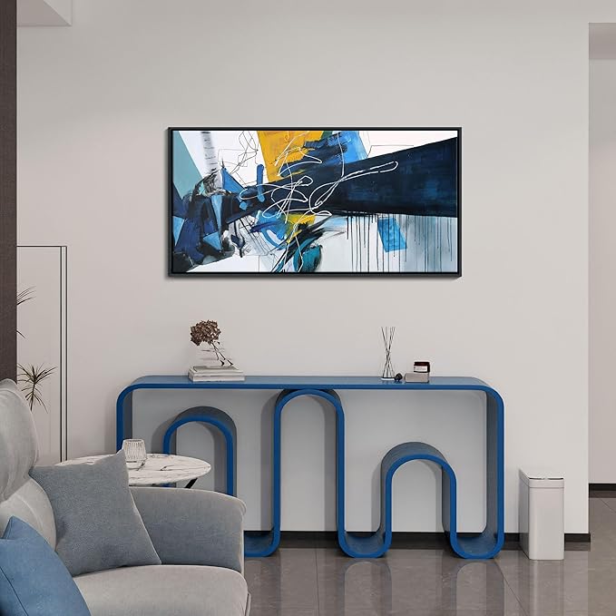 KLAKLA Modern Abstract Canvas Wall Art - Blue and white Framed Wall Decor Living Room Picture Artwork for Office Bedroom Decorative Paintings