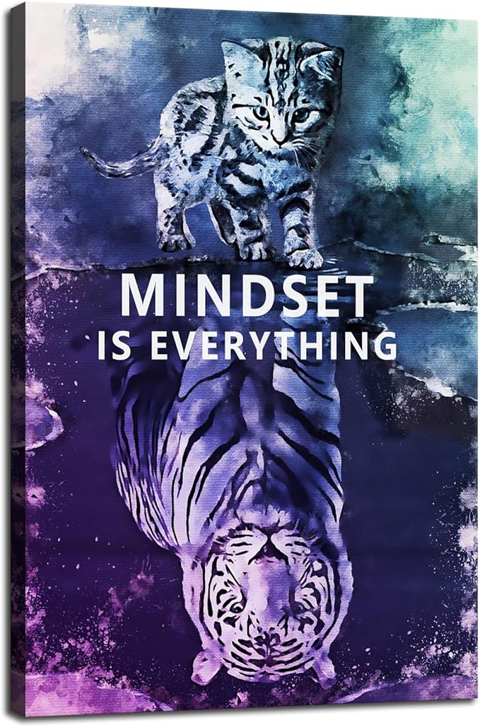 Mindset is Everything Cat and Tiger Canvas Wall Art Pictures Print Wall Art Inspirational Poster Picture Wall Painting Modern Abstract Motivational Artwork Decor Home Living Room Office[12''W X 18''H]