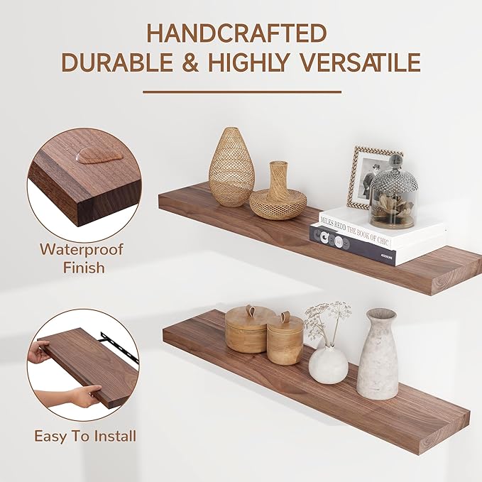 Axeman Walnut Floating Shelves for Wall 48 Inch - USA-Sourced Walnut Wood Shelves Set of 1 - Natural Wooden Shelves for Room Wall Decor