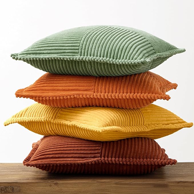 MIULEE Fall Burnt Orange Green Throw Pillow Covers 16x16 Inch 4 Packs Soft Boho Decorative Color-Clash Pillow Cases Modern Farmhouse Cushion Cases for Couch Sofa Bed Corduroy Striped Home Decor