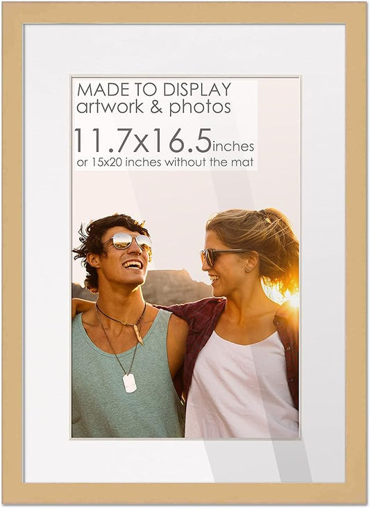 A3 11.7x16.5 Frame Natural Wood with White Mat | 15x20 Frame Matted to 11.7x16.5 | Display Your Poster Under UV Acrylic Shatter Guard Front, with Foam Board Backing and Wall Hanging Hardware