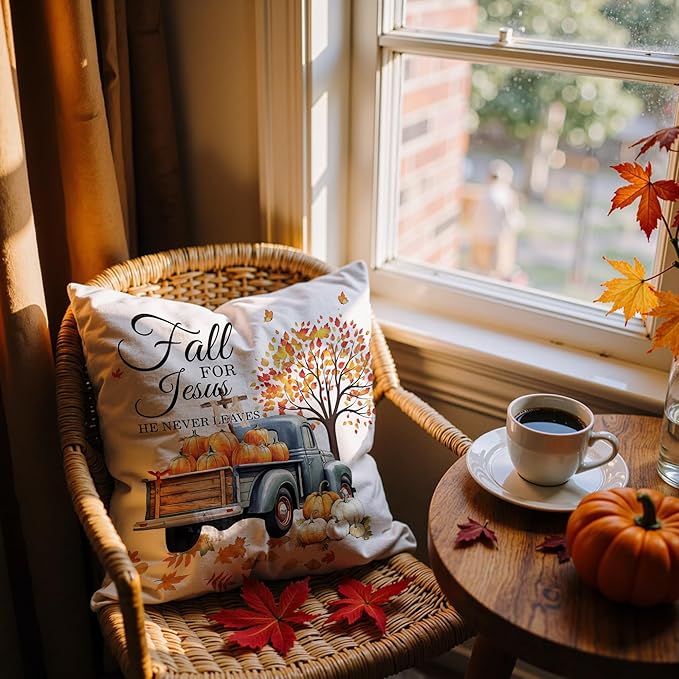 Christian Fall for Jesus He Never Leaves Pillow Covers 18x18, Farmhouse Autumn Decor, Fall Autumn Maple Leaf Pumpkin Pickup Truck Decorative Throw Pillow Covers for Home Bedroom Living Room