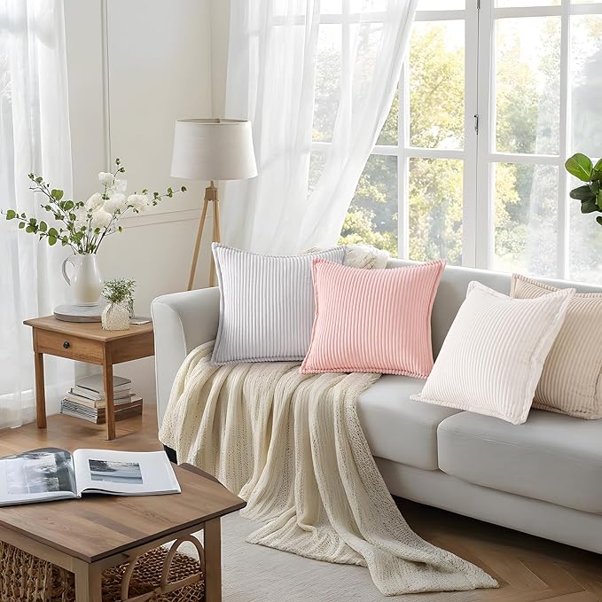 Mecatny Corduroy Throw Pillow Covers 12x20 Set of 2, Neutral Decorative Soft Boho Lumbar Couch Pillow Covers with Broadside for Sofa Living Room, Cream White