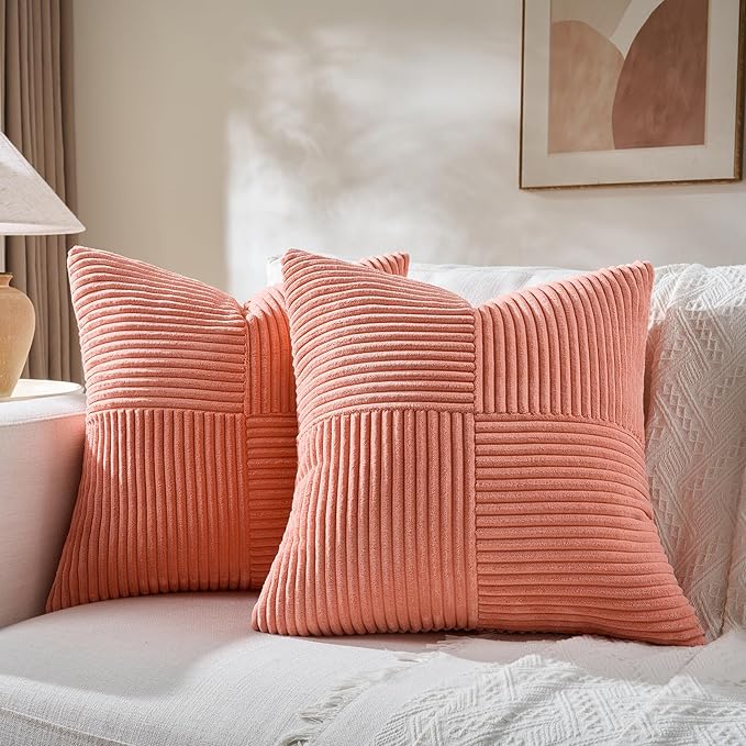 Fancy Homi 4 Packs Coral Decorative Throw Pillow Covers 16x16 Inch for Living Room Couch, Rustic Farmhouse Boho Home Decor, Soft Cross Patchwork Corduroy Textured Square Peach Cushion Case 40x40 cm