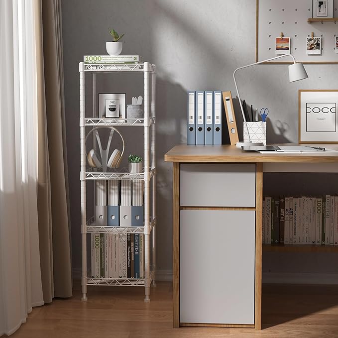 GIOTORENT 5 Tier Standing Shelving Metal Units, Adjustable Height Wire Shelf Display Rack for Laundry Bathroom Kitchen 11.8 W x 11.8 D x 50 H (5-Tier, White)