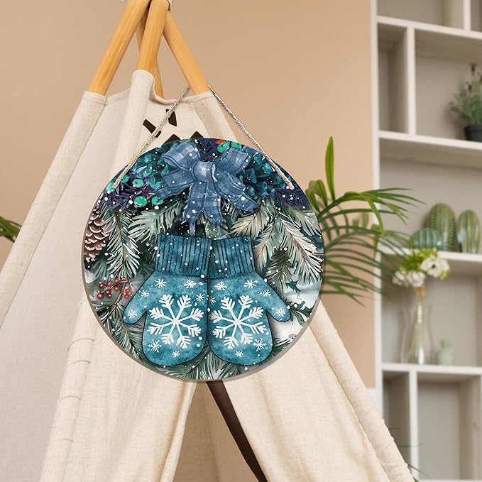 Navy Blue Winter Christmas Wooden Sign, Winter Snowflake Gloves Blue Plaid Bow Decoration Hanging Sign Wall Decor, Farmhouse Seasonal Holidays Wooden Signs for Home Door Decor 12 x 12 Inch