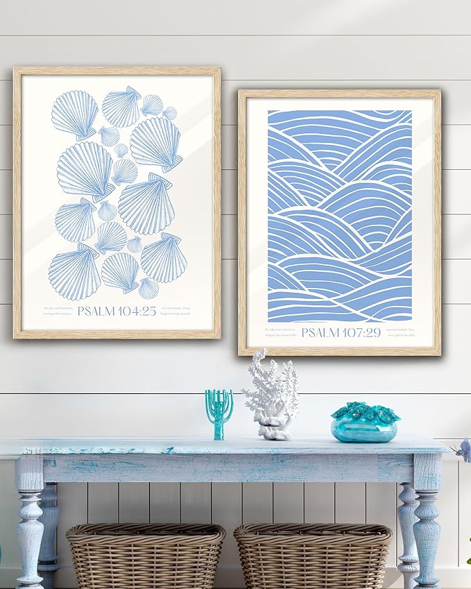 EcoHest Christian Bible Verse Framed Wall Art, Large 16x20in OAK Wood Trendy Seashell Nautical Scripture Quote Canvas Wall Art, Psalm 104:25 Home Decor, Beige Logs Set of 1 for Bedroom Living Room