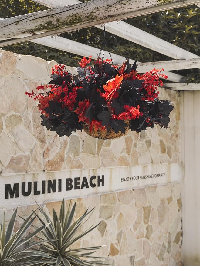 16pcs Fake Plants Outdoor, Halloween Maple Leaves Branch, Autumn Artificial Plants with Black Maple Leaves, Faux Leaves Spray for Halloween Thanksgiving Home Deocr