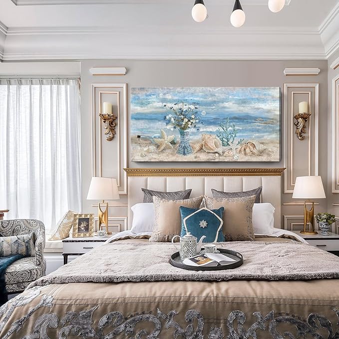 Beach Canvas Wall Art for Living Room Ocean Theme Seaside Print Blue Coastal Picture Abstract Seascape Landscape Pink Teal Painting Daisy Flower in Indian Vase Framed Artwork for Home Decor 30x60inch