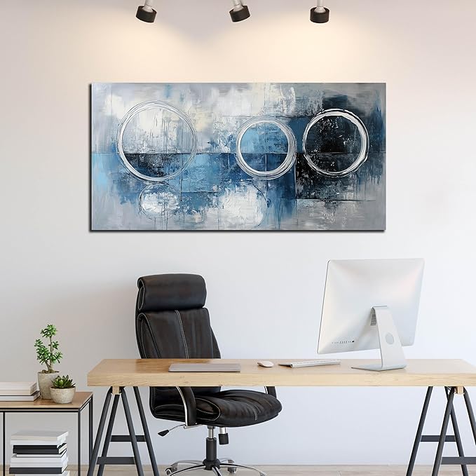 AOZEMI Blue Wall Decor for Living Room Office Abstract Canvas Wall Art Large Modern Picture Artwork Grey and White Circle Art 29" x 59"