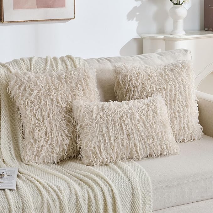 FUTEI Beige Decorative Throw Pillow Covers 24x24 Inch Set of 2,Soft Fluffy Faux Feather Texture European Cushion Cases,Modern Home Luxury Decor for Couch Bed Living Room