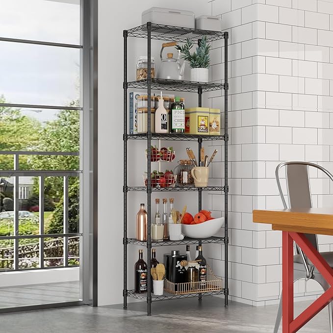 SINGAYE 6 Tier Adjustable Storage Shelf Wire Shelving Unit Metal Shelves Standing Closet Bathroom Organizers Pantry Kitchen Garage Laundry Room Organization Home Rack 12" D X 22" W X 69.5" H Black