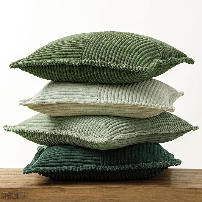 MIULEE Christmas Green Decorative Throw Pillow Covers 20x20 Inch 4 Packs Soft Boho Farmhouse Pillow Cases Mordern Corduroy Patchwork Cushion Cases for Couch Sofa Bed Gradient Home Decor