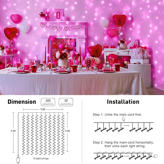 JMEXSUSS 300 LED Curtain Lights Plug in with Remote, 9.8X9.8FT Pink Christmas Lights Indoor, 8 Modes Pink String Lights for Bedroom Window Wall Party Backdrop Xmas Valentine Decorations