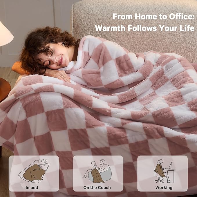 Light Pink Heated Blanket Electric Throw, 50X60 Heating Blanket with 10 Heat Levels & 8 Hours Auto Off for Lap, Checkered Plaid Soft Sherpa Blankets Warmer Gifts for Couch Grandma Women Adults, ETL