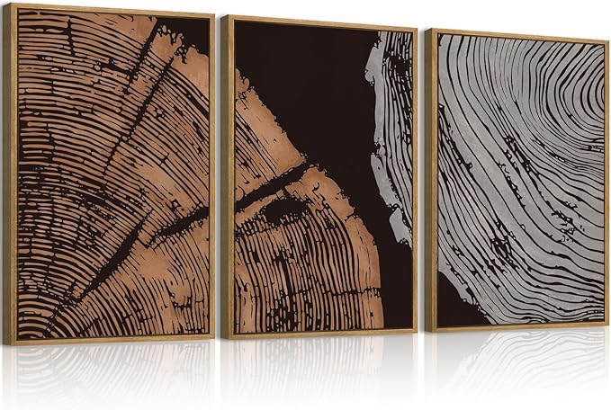 ANHUIB Tree Ring Wall Art 16x24 Inch Black Wall Painting Modern Wood Stump Wall Decor Neutral Minimalist Artprints Set of 3 for Living Room Bedroom Office