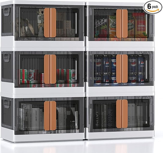 8.4Gal Collapsible Storage Bins with Lids & Wheels - 6 Pack Stackable with Doors, Heavy-Duty Plastic Containers for Home/Office, White