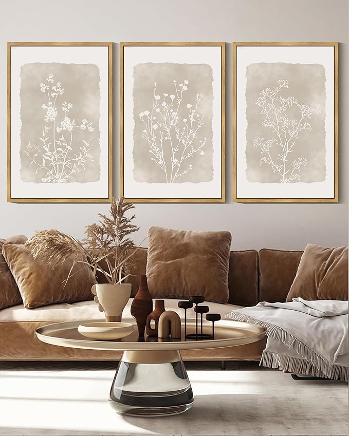 KUVIOKE Boho Botanical Flower Wall Art Framed Vintage Floral Wall Prints Wildflower Neutral Rustic Bohemain Artwork Kitchen Bedroom Decor 16x24in (Natural Framed)