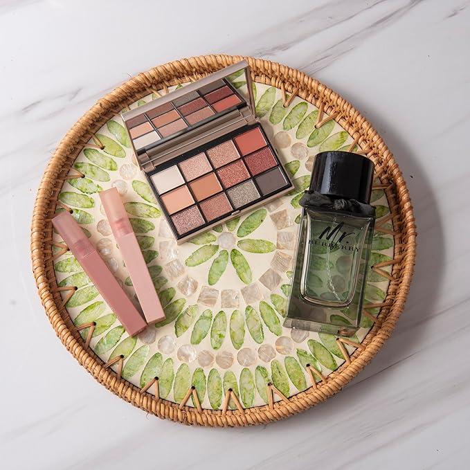 11.8' Wicker Round Rattan Mother of Pearl Serving Basket Tray for Décor Coffee Table | Large Boho Circle Woven Decorative Trays for Outdoor, Home, Kitchen Display (Neon Green)